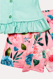 Tiffany blue top w/pink floral shorts girls boutique set XCH0333-2H (A5S6)