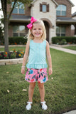 Tiffany blue top w/pink floral shorts girls boutique set XCH0333-2H (A5S6)