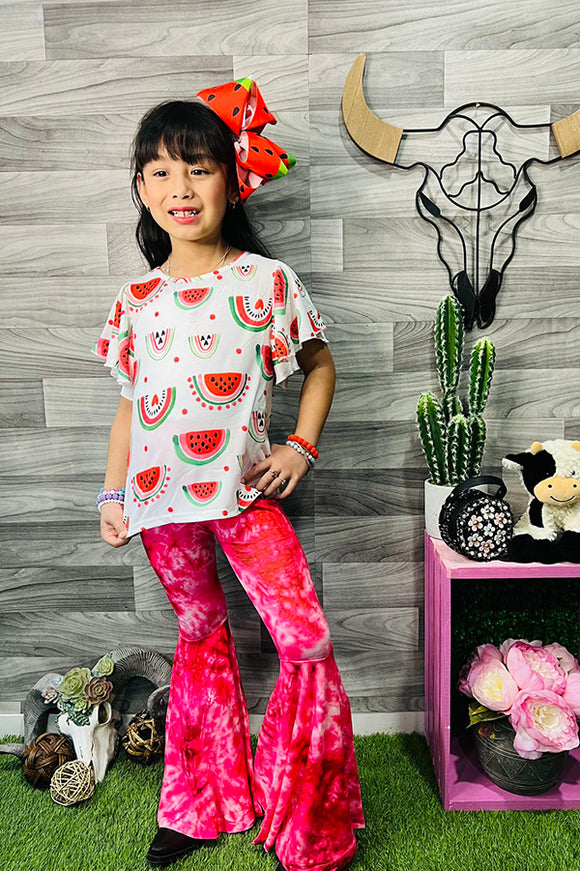 XCH0333-9H Watermelon printed top & tie dye red bell bottom 2pc girls sets