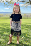XCH04004 Black short sleeve top leopard suede fringe skirt 2pc girls sets (A10S5)