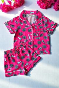 Girls pajamas sets wholesale Cheer prints fuchsia top & shorts 2pc kids sets XCH04027