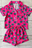 Girls pajamas sets wholesale Cheer prints fuchsia top & shorts 2pc kids sets XCH04027