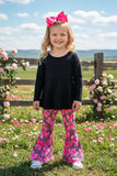 Knitted black long sleeve top bows printed pink pant 2pcs girls sets XCH04040 A3S1
