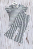 Grey striped short sleeve top & bell bottom pant 2pc girls set XCH04047