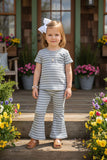 Grey striped short sleeve top & bell bottom pant 2pc girls set XCH04047