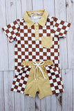 Brown checkered short sleeve top & shorts 2pc boy's set XCH04049 A15S2