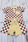Brown checkered short sleeve top & shorts 2pc boy's set XCH04049 A15S2