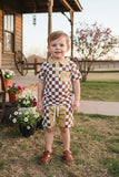 Brown checkered short sleeve top & shorts 2pc boy's set XCH04049 A15S2