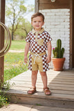 Brown checkered short sleeve top & shorts 2pc boy's set XCH04049 A15S2