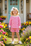 Pink checkered printed long sleeve top & shorts 2pc girls sets XCH04051 A9S1