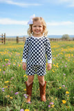Navy blue checkered long sleeve top & Shorts 2pc girls set XCH04055 A9S1