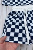 Navy blue checkered long sleeve top & Shorts 2pc girls set XCH04055 A9S1