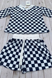 Navy blue checkered long sleeve top & Shorts 2pc girls set XCH04055 A9S1