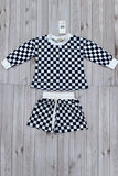 Navy blue checkered long sleeve top & Shorts 2pc girls set XCH04055 A9S1