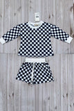 Navy blue checkered long sleeve top & Shorts 2pc girls set XCH04055 A9S1