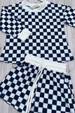 Navy blue checkered long sleeve top & Shorts 2pc girls set XCH04055 A9S1
