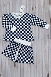 Navy blue checkered long sleeve top & Shorts 2pc girls set XCH04055 A9S1