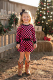 Fuchsia & black checkered long sleeve top & Shorts 2pc girls set XCH04056 A9S1