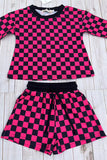 Fuchsia & black checkered long sleeve top & Shorts 2pc girls set XCH04056