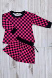 Fuchsia & black checkered long sleeve top & Shorts 2pc girls set XCH04056