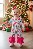 Christmas printed pink ruffle infant baby boutique romper XCH05030 8S2