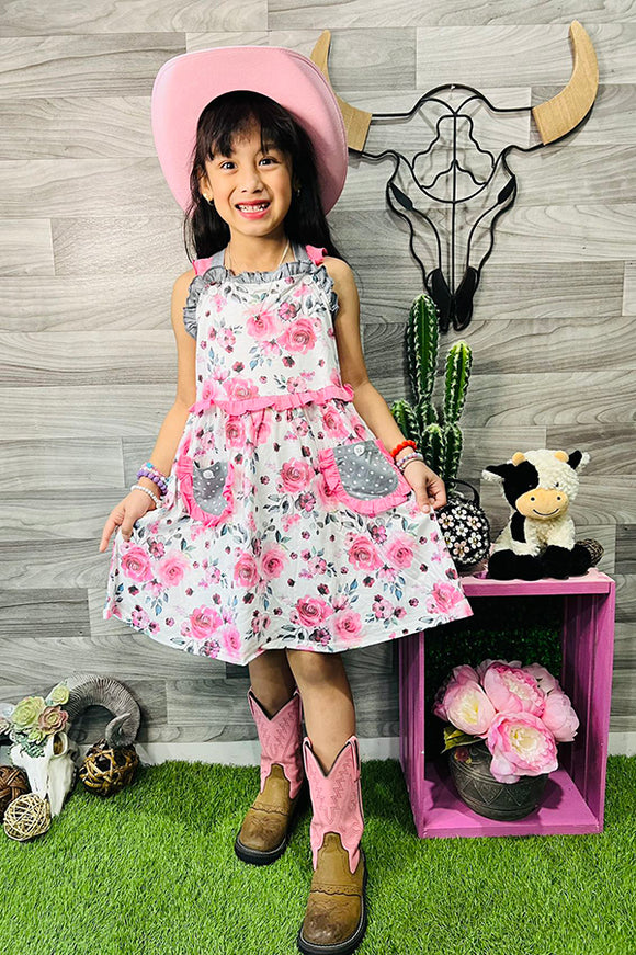 Floral printed sleeveless dress with grey dot pockets XCH0555-13 (A2S5)