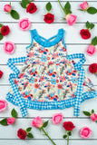 Floral printed & blue checkered girls dress w/side belt XCH0555-14 (A2S7)