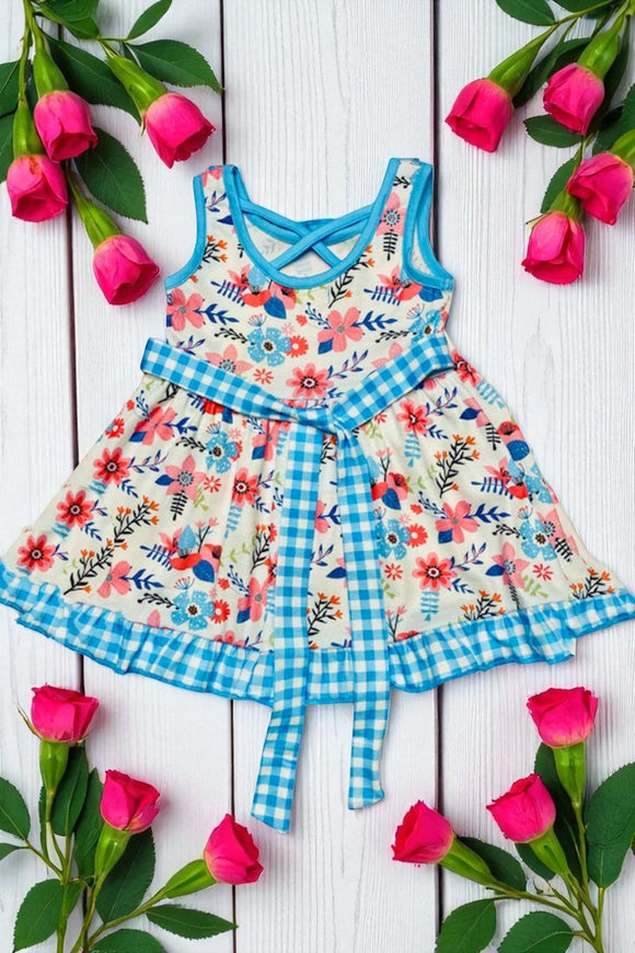 Floral printed & blue checkered girls dress w/side belt XCH0555-14 (A2S7)