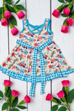 Floral printed & blue checkered girls dress w/side belt XCH0555-14 (A2S7)