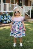 XCH0555-15H Pink & Floral prints color block summer girls dress (A2S5)