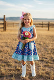 Chic blue flower & turquoise dot boutique girls dress XCH0555-17H (A1S2)