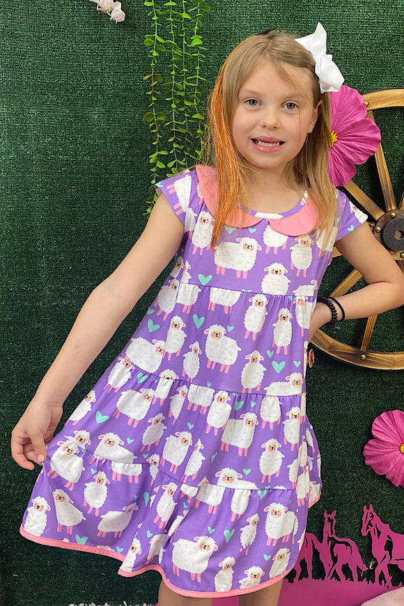 XCH0555-2H Purple & pink sheep printed girl dress