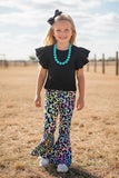 Western leopard pant w/black bell sleeve top girls boutique set XCH0666-15H (A6S2)