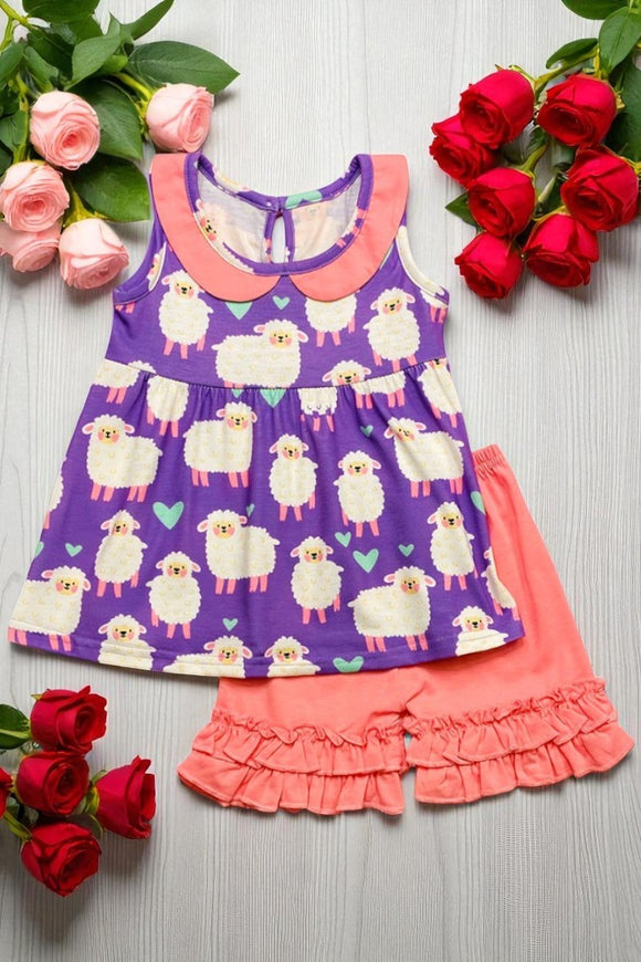 Sheeps & hearts purple & pink 2pc ruffle girls set XCH0666-1H (A5S10)