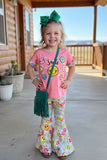 Trendy smile face coral top bell bottom pant girls boutique sets XCH0666-25H (A6S8)