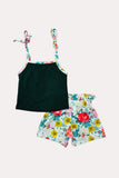 Chic floral spaghetti green top & floral shorts girls boutique set XCH0666-26H (A6S5)