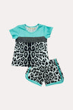 Western mint & grey & leopard top shorts girls boutique set XCH0666-29H (A6S5)