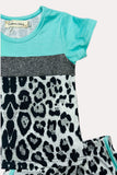 Western mint & grey & leopard top shorts girls boutique set XCH0666-29H (A6S5)