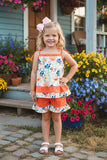 Trendy patchwork floral spaghetti strap top orange shorts girls boutique sets XCH0666-2H (A3S9)