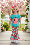 "HAVE A NICE DAY" mint top & pink checkered pant 2pc girls sets XCH0666-30H (A6S4)