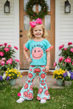 "HAVE A NICE DAY" mint top & pink checkered pant 2pc girls sets XCH0666-30H (A6S4)