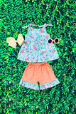 Blue floral printed sleeveless top & coral shorts 2pc girls set  XCH0666-32H A8S1