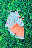 Blue floral printed sleeveless top & coral shorts 2pc girls set  XCH0666-32H A8S1