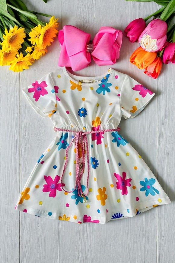 Summer girls dress suppliers Floral printed w/short sleeves and belt XCH07002
