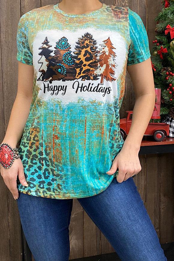 XCH0722-9 HAPPY HOLIDAYS turquoise Christmas tree printed t-shirt