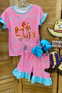 XCH0777-15H Pink horse cactus western print 2pcs girls set