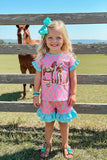 Western cowboy aztec & turquoise ruffle top & shorts girls boutique set XCH0777-15H (A5S4)