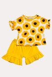 Western sunflower top w/yellow ruffle shorts 2pc girls boutique set XCH0777-16H