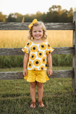 Western sunflower top w/yellow ruffle shorts 2pc girls boutique set XCH0777-16H