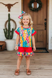 Western leopard print ruffle top & shorts 2pcs girls boutique set XCH0777-17H (A4S9)